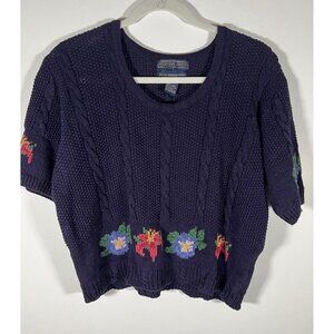 Vintage 90s Herman Geist blue cottagecore cable hand embroidered SS sweater sz L